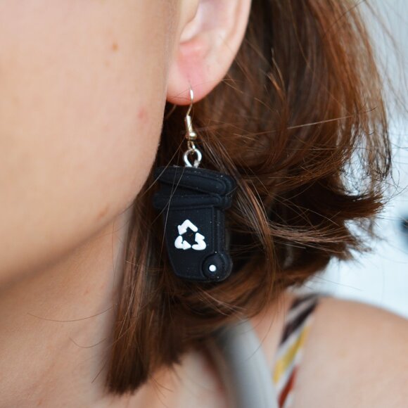 Black Recycling Bin Dangle Earrings - Picture 2 of 4